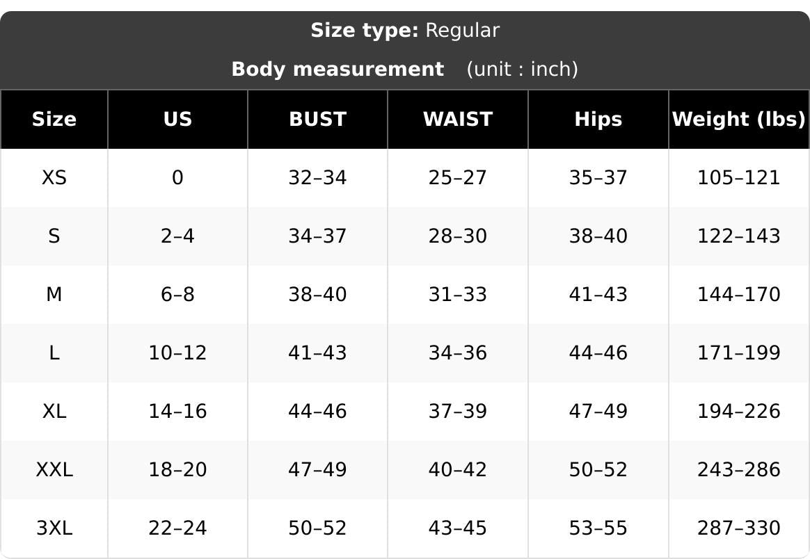 size chart regular